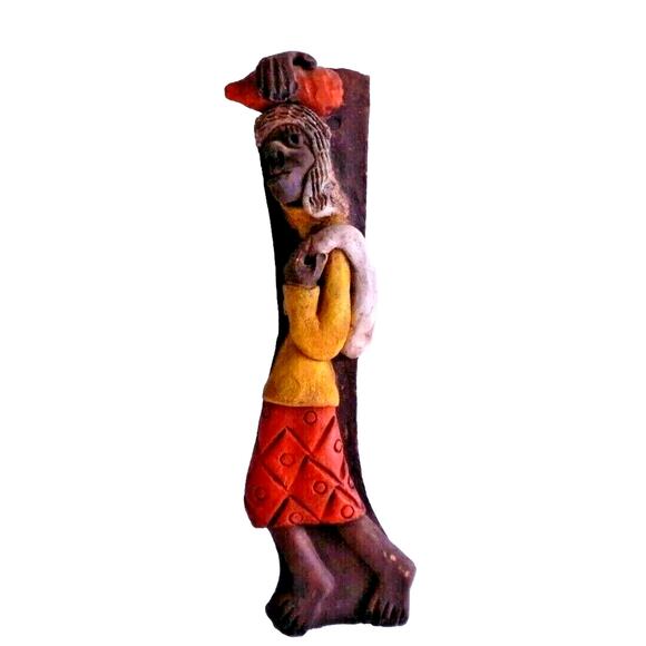 Vintage Terracotta Hand Painted Carved Haiti Woman Figure Wall Hanging Decor 14" - Picture 8 of 8